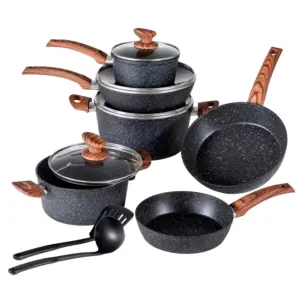 Съдове за готвене - KA-CS01-001-BLACK - Комплект, незалепващо покритие от гранит, тенджери и тигани, подходящи за съдомиялна машина, черен, 12 части