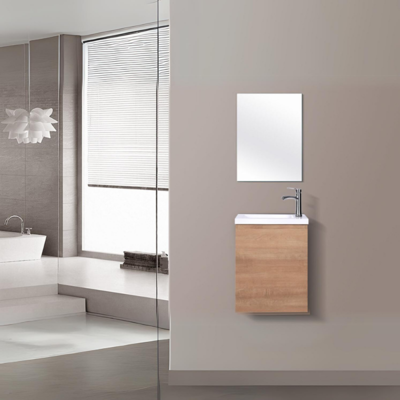 Шкаф за баня с мивка и огледало - златен дъб - XINKROW 