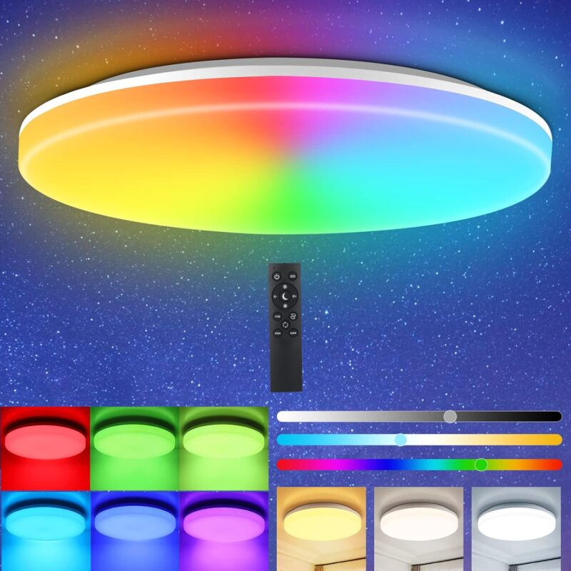 24W RGB LED таванна лампа с дистанционно и регулируема светлина от 3000K до 6500K,  2400Lm IP54 - OEEGOO LS-CL-B24W-DIM+RGB