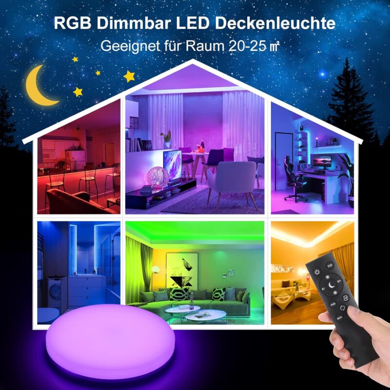 24W RGB LED таванна лампа с дистанционно и регулируема светлина от 3000K до 6500K,  2400Lm IP54 - OEEGOO LS-CL-B24W-DIM+RGB
